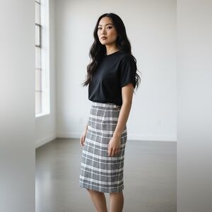 PAIRE Designer Wool Blend Houndstooth Plaid High Waisted Meghan Pencil Skirt